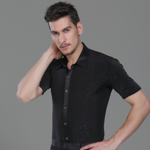 Black down collar short sleeves men's male competition performance latin ballroom dance tops shirts